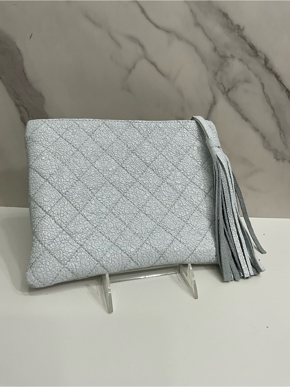 LAGGO Ice White Crackled Metallic Wristlet Clutch Tassel Pouch